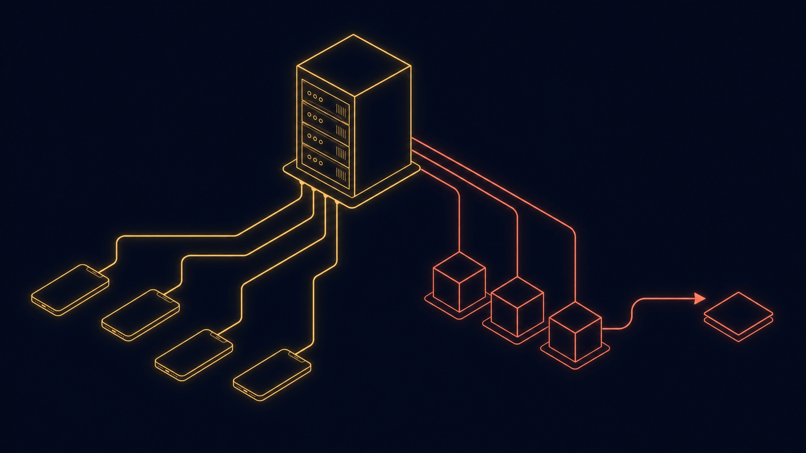 Isometric diagram of a distributed platform architecture: Laravel backend, mobile nodes, queues and webhooks